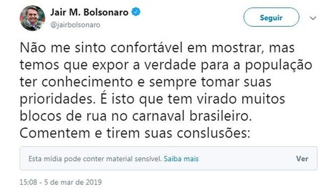Postagem de Bolsonaro foi marcada como conteúdo sensível(foto: Reprodução/Twitter) Postagem de Bolsonaro foi marcada como conteúdo sensível(foto: Reprodução/Twitter)