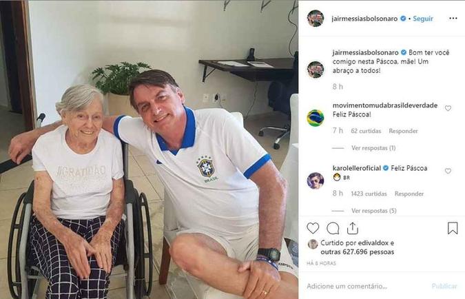 Bolsonaro publicou foto agradecendo passar a Páscoa ao lado da mãe, Olinda Bolsonaro (foto: Reprodução/Instagram ) Bolsonaro publicou foto agradecendo passar a Páscoa ao lado da mãe, Olinda Bolsonaro (foto: Reprodução/Instagram )