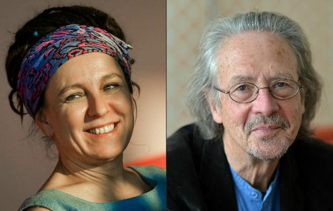 Autora polonesa Olga Tokarczuk e o romancista e dramaturgo austríaco Peter Handke (foto: Barbara Gindl, Beata Zawrel/APA/AFP) Autora polonesa Olga Tokarczuk e o romancista e dramaturgo austríaco Peter Handke (foto: Barbara Gindl, Beata Zawrel/APA/AFP)