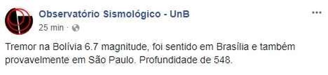 Observatório Sismológico da Universidade de Brasília confirma tremores(foto: Reprodução/Facebook) Observatório Sismológico da Universidade de Brasília confirma tremores(foto: Reprodução/Facebook)