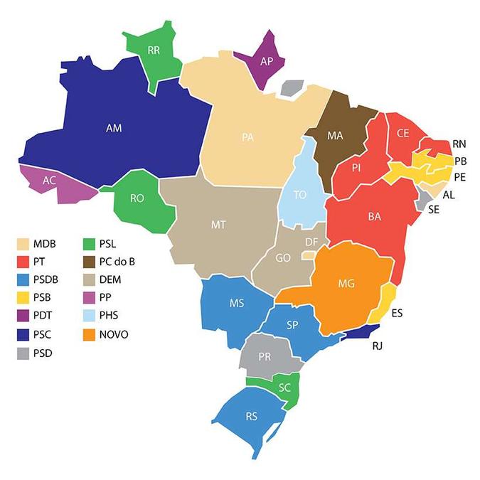 Mapa mostra quais partidos elegeram governadores em cada estado (foto: Arte/Hudson Franco/EM) Mapa mostra quais partidos elegeram governadores em cada estado (foto: Arte/Hudson Franco/EM)