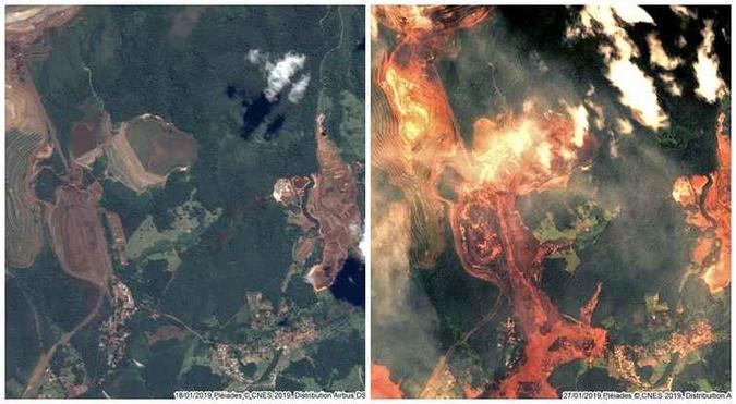 Imagens de satélites mostram o antes e o depois da tragédia em Brumadinha(foto: Pléiades © CNES 2019, Distribution Airbus DS/Divulgação) Imagens de satélites mostram o antes e o depois da tragédia em Brumadinha(foto: Pléiades © CNES 2019, Distribution Airbus DS/Divulgação)