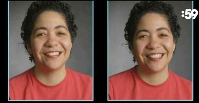 Duas fotos de uma mesma pessoa sorrindo são colocadas lado a lado para que o leitor desvende(foto: Reprodução Youtube) Duas fotos de uma mesma pessoa sorrindo são colocadas lado a lado para que o leitor desvende(foto: Reprodução Youtube)