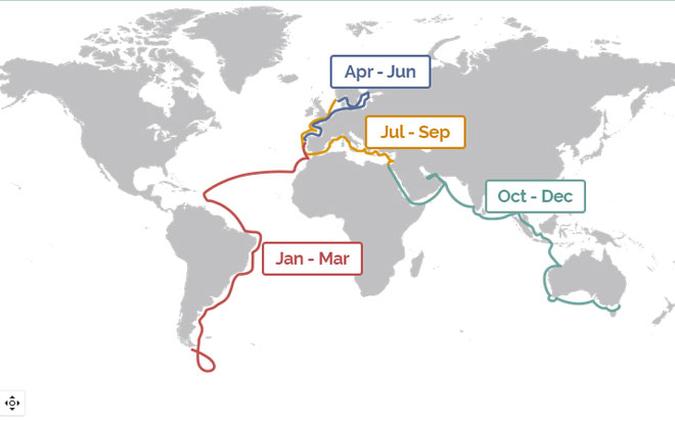 O navio faz uma volta ao mundo, com roteiro dividido em quatro etapas(foto: The World/Reprodução) O navio faz uma volta ao mundo, com roteiro dividido em quatro etapas(foto: The World/Reprodução)