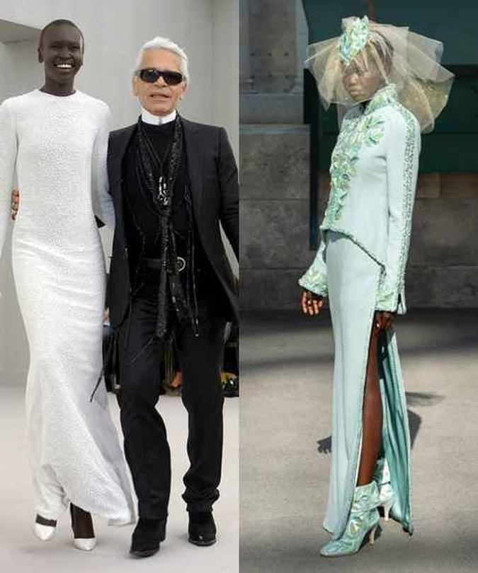 À esquerda, a modelo sudanesa Alek Wek junto a Karl Lagerfeld, em 2004. Este ano, Adut Akech foi a escolhida para fechar o desfile da Chanel.(foto: Pinterest e FFW) À esquerda, a modelo sudanesa Alek Wek junto a Karl Lagerfeld, em 2004. Este ano, Adut Akech foi a escolhida para fechar o desfile da Chanel.(foto: Pinterest e FFW)