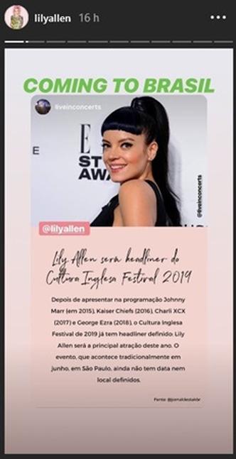 Lily Allen confirma participação em festival de música no Brasil.(foto: Reprodução/Instagram) Lily Allen confirma participação em festival de música no Brasil.(foto: Reprodução/Instagram)