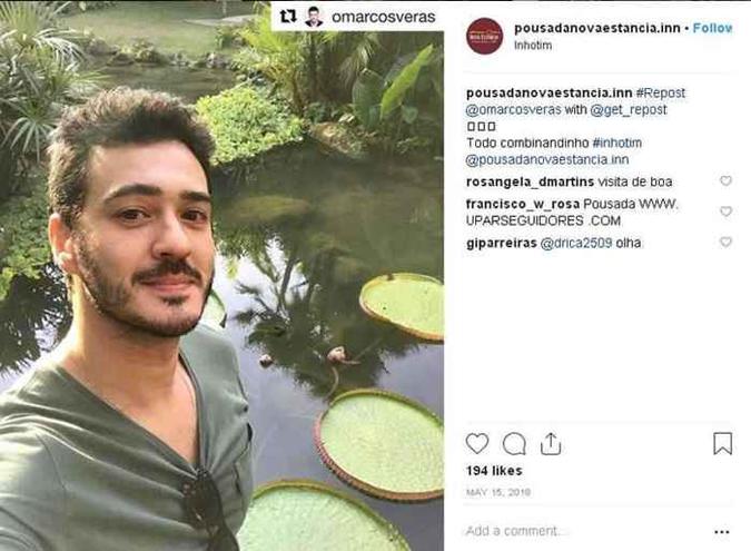 Ator Marcos Veras esteve na Pousada Nova Estância no ano passado (foto: Reprodução/Instagram ) Ator Marcos Veras esteve na Pousada Nova Estância no ano passado (foto: Reprodução/Instagram )