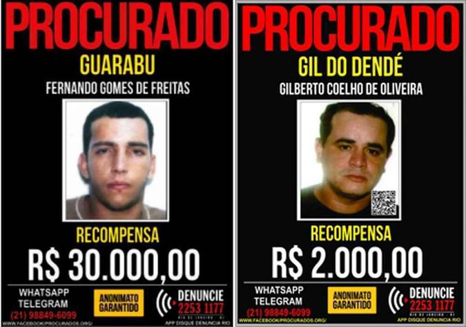 Cartazes do Disque Denúncia com as recompensas de Fernandinho Guarabu e Gil do Dendê (foto: Reprodução ) Cartazes do Disque Denúncia com as recompensas de Fernandinho Guarabu e Gil do Dendê (foto: Reprodução )
