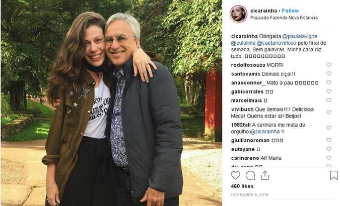 Ciça Rainha, da agência de modelos Allure, e Caetano Veloso na pousada, em 2016(foto: Reprodução/Instagram) Ciça Rainha, da agência de modelos Allure, e Caetano Veloso na pousada, em 2016(foto: Reprodução/Instagram)