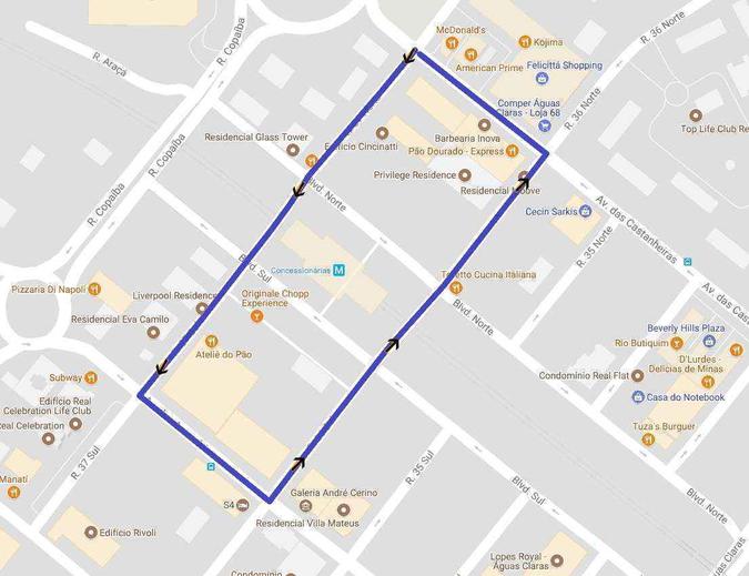 Veja como será a alteração do sentido das vias em Águas Claras(foto: Google Maps/Reprodução) Veja como será a alteração do sentido das vias em Águas Claras(foto: Google Maps/Reprodução)