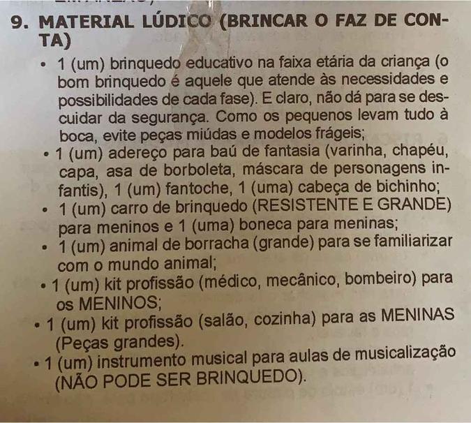 Lista traz brinquedos específicos para meninas e meninos (foto: Reprodução/Facebook) Lista traz brinquedos específicos para meninas e meninos (foto: Reprodução/Facebook)