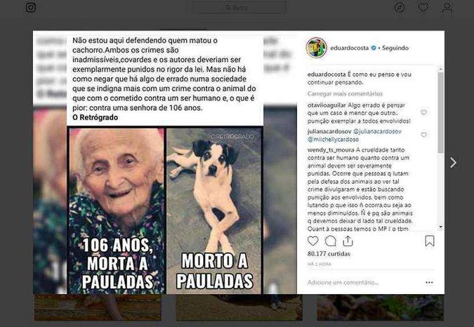 O cantor Eduardo Costa foi criticado pelos fãs ao dizer que a morte da cadela em SP não se compara ao assassinato da idosa de 106 anos(foto: Instagram/eduardocosta/Reprodução)) O cantor Eduardo Costa foi criticado pelos fãs ao dizer que a morte da cadela em SP não se compara ao assassinato da idosa de 106 anos(foto: Instagram/eduardocosta/Reprodução))