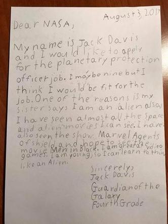 Carta de intenção de garoto de 9 anos para cargo na NASA(foto: Reprodução/ Reddit ) Carta de intenção de garoto de 9 anos para cargo na NASA(foto: Reprodução/ Reddit )