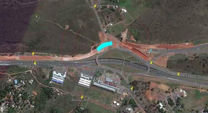 Círculos em vermelho mostram área em que será feita a implosão(foto: Divulgação/DER-DF) Círculos em vermelho mostram área em que será feita a implosão(foto: Divulgação/DER-DF)