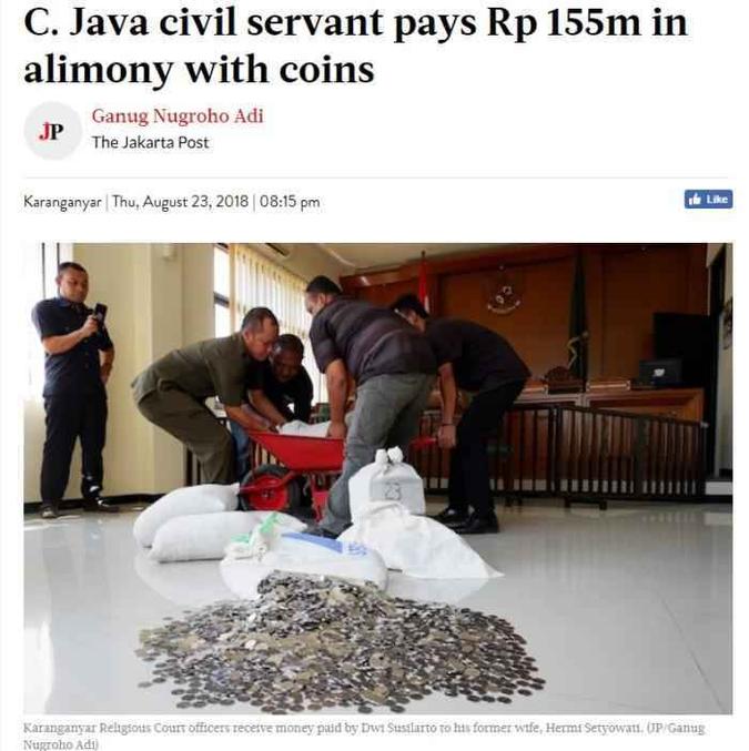 Jornal local noticiou o pagamento inusitado (foto: Reprodução / The Jakarta Post) Jornal local noticiou o pagamento inusitado (foto: Reprodução / The Jakarta Post)