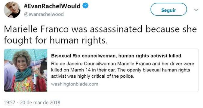 A atriz defendeu que Marielle foi morta por defender os direitos humanos(foto: Twitter/Reprodução) A atriz defendeu que Marielle foi morta por defender os direitos humanos(foto: Twitter/Reprodução)