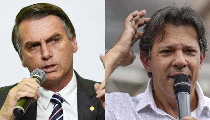 Bolsonaro, do PSL, mantém a ponta, com 28%. Em segundo lugar, aparece o candidato do PT, Fernando Haddad, com 22%(foto: AFP / EVARISTO SA E AFP / DOUGLAS MAGNO) Bolsonaro, do PSL, mantém a ponta, com 28%. Em segundo lugar, aparece o candidato do PT, Fernando Haddad, com 22%(foto: AFP / EVARISTO SA E AFP / DOUGLAS MAGNO)