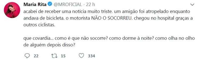 A cantora mostrou muita indignação pela falta de socorro ao músico(foto: Twitter/Reprodução) A cantora mostrou muita indignação pela falta de socorro ao músico(foto: Twitter/Reprodução)