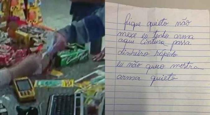 Imagem da câmara de segurança e o bilhete usado na tentativa de assalto(foto: Reprodução) Imagem da câmara de segurança e o bilhete usado na tentativa de assalto(foto: Reprodução)