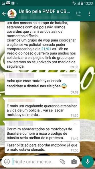 Conversa em grupo de policiais mostra participantes combinando blitz para motoboys(foto: Redes Sociais) Conversa em grupo de policiais mostra participantes combinando blitz para motoboys(foto: Redes Sociais)