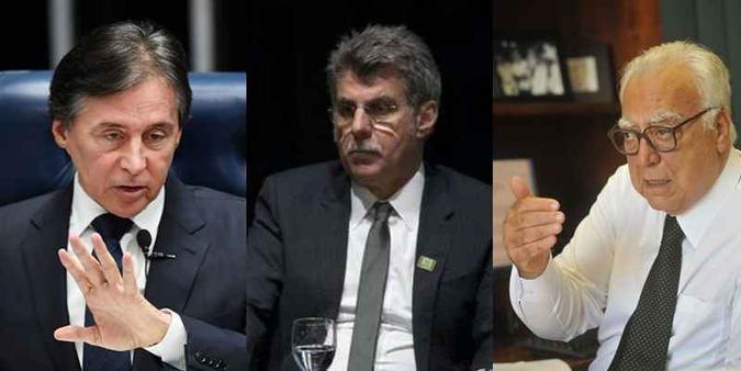Eunício Oliveira, Romero Jucá, do MDB, e Miro Teixeira, da Rede, se preparam para a vida sem mandato legislativo no próximo ano(foto: Jonas Pereira/Agência Senado; Mauro Pimentel/AFP; Minervino Junior/CB) Eunício Oliveira, Romero Jucá, do MDB, e Miro Teixeira, da Rede, se preparam para a vida sem mandato legislativo no próximo ano(foto: Jonas Pereira/Agência Senado; Mauro Pimentel/AFP; Minervino Junior/CB)