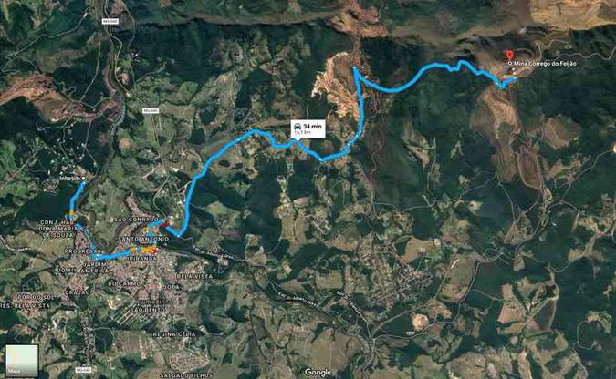 Distância entre a barragem e o Inhotim (foto: Google Maps) Distância entre a barragem e o Inhotim (foto: Google Maps)