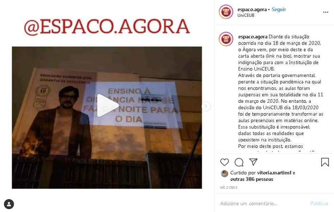 Movimento Estudantil Ágora expôs o descontentamento com a medida em uma rede social(foto: Instagram/Reprodução) Movimento Estudantil Ágora expôs o descontentamento com a medida em uma rede social(foto: Instagram/Reprodução)