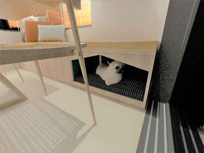 No projeto de Jordanna França, a designer desenvolveu um banco para a varanda com assento de futon. É um baú abrindo por cima de um dos lados para guardar mantimentos. Do outro lado uma abertura frontal, com recorte triangular, simulando uma casinha para colocar a caminha do cachorro na varanda.(foto: Jordanna França/Reprodução.) No projeto de Jordanna França, a designer desenvolveu um banco para a varanda com assento de futon. É um baú abrindo por cima de um dos lados para guardar mantimentos. Do outro lado uma abertura frontal, com recorte triangular, simulando uma casinha para colocar a caminha do cachorro na varanda.(foto: Jordanna França/Reprodução.)