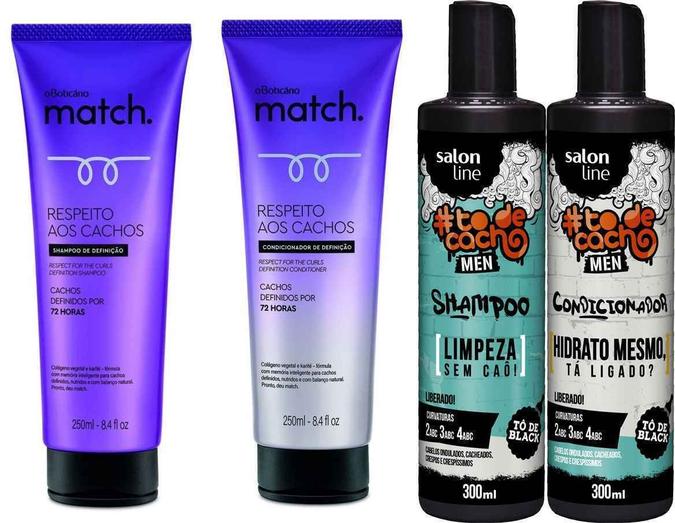 Xampu e condicionador Match Respeito aos Cachos, de O Boticário (R$ 29,90 e R$ 31,90); Xampu e condicionador #todecacho Men, da Salon line (R$ 11,30 e R$ 12,50(foto: Divulgação) Xampu e condicionador Match Respeito aos Cachos, de O Boticário (R$ 29,90 e R$ 31,90); Xampu e condicionador #todecacho Men, da Salon line (R$ 11,30 e R$ 12,50(foto: Divulgação)