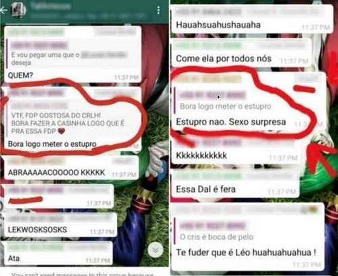 Mensagens que incitam ao estupro compartilhadas por meio de grupo de Whatsapp (foto: Reprodução/Whatsapp ) Mensagens que incitam ao estupro compartilhadas por meio de grupo de Whatsapp (foto: Reprodução/Whatsapp )