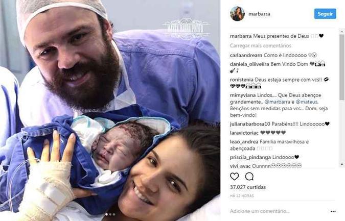 Mateus e Marcella com o filho Dom, logo após o parto(foto: Instagram/Reprodução ) Mateus e Marcella com o filho Dom, logo após o parto(foto: Instagram/Reprodução )