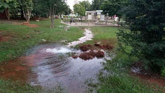 Cano estourou e uma poça d'água se formou no meio do parque(foto: Arquivo pessoal) Cano estourou e uma poça d'água se formou no meio do parque(foto: Arquivo pessoal)