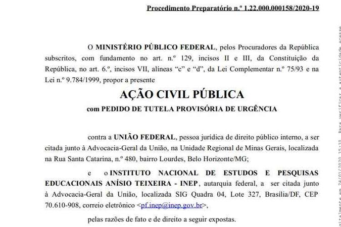 Ministério Público entrou com ação contra a União e o Inep(foto: MPF/Reprodução) Ministério Público entrou com ação contra a União e o Inep(foto: MPF/Reprodução)