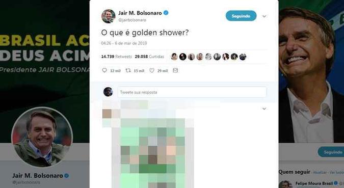 Após publicar um vídeo pornográfico criticando o carnaval, o presidente da República, Jair Bolsonaro, questionou 'o que é golden shower?'(foto: Reprodução/Twitter) Após publicar um vídeo pornográfico criticando o carnaval, o presidente da República, Jair Bolsonaro, questionou 'o que é golden shower?'(foto: Reprodução/Twitter)