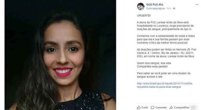 Colegas de Larisse pedem doação de sangue para a jovem(foto: Reprodução/ Facebook ) Colegas de Larisse pedem doação de sangue para a jovem(foto: Reprodução/ Facebook )