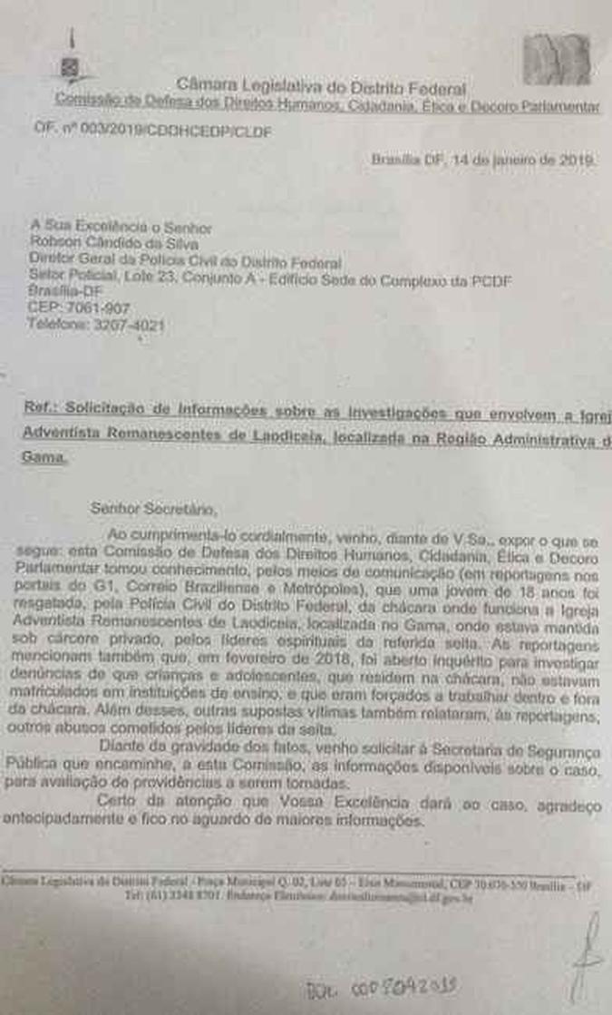 Em ofício, distrital Fábio Félix pede informações para solicitar apoio às vítimas(foto: Reprodução) Em ofício, distrital Fábio Félix pede informações para solicitar apoio às vítimas(foto: Reprodução)