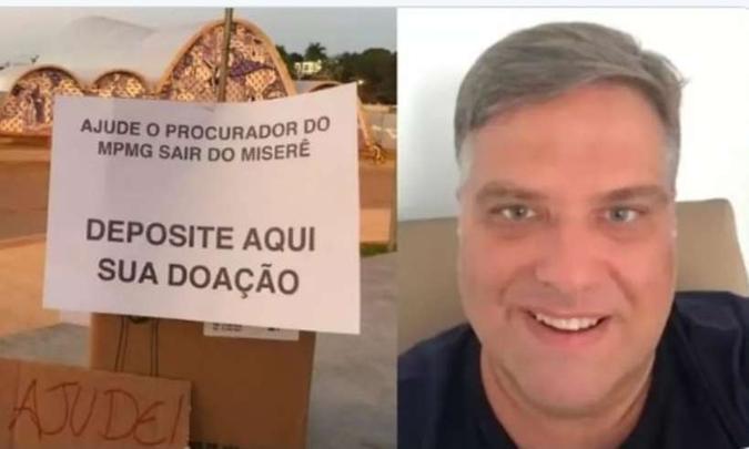 Texto irônico, pedindo doação para o procurador, foi visto na manhã de quarta-feira na Pampulha(foto: Twitter/Reprodução) Texto irônico, pedindo doação para o procurador, foi visto na manhã de quarta-feira na Pampulha(foto: Twitter/Reprodução)