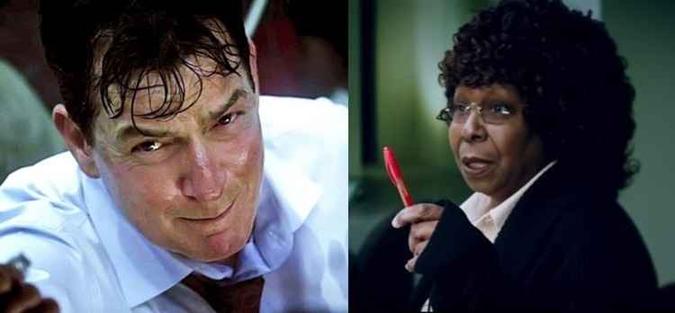 Sheen vive um homem casado que fica preso no elevador, enquanto Goldberg interpreta uma funcionária das torres(foto: Black Bear Studios/Internet) Sheen vive um homem casado que fica preso no elevador, enquanto Goldberg interpreta uma funcionária das torres(foto: Black Bear Studios/Internet)