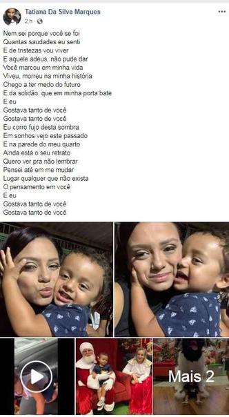Tatiana publicou diversas imagens com a criança, entre fotos e vídeos, com trechos da música Gostava Tanto de Você, de Tim Maia(foto: Reprodução/Facebook) Tatiana publicou diversas imagens com a criança, entre fotos e vídeos, com trechos da música Gostava Tanto de Você, de Tim Maia(foto: Reprodução/Facebook)