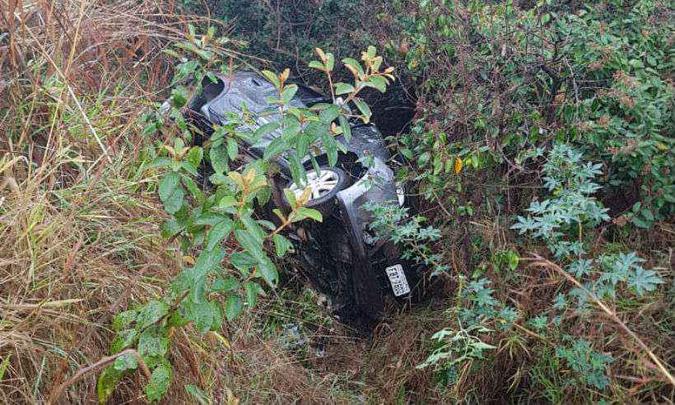 Veículo parou de lado em meio a vegetação(foto: Corpo de Bombeiros/Divulgação ) Veículo parou de lado em meio a vegetação(foto: Corpo de Bombeiros/Divulgação )