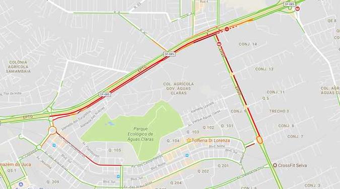 Imagem do Google Maps mostra congestionamento na EPVP(foto: Reprodução/Google) Imagem do Google Maps mostra congestionamento na EPVP(foto: Reprodução/Google)