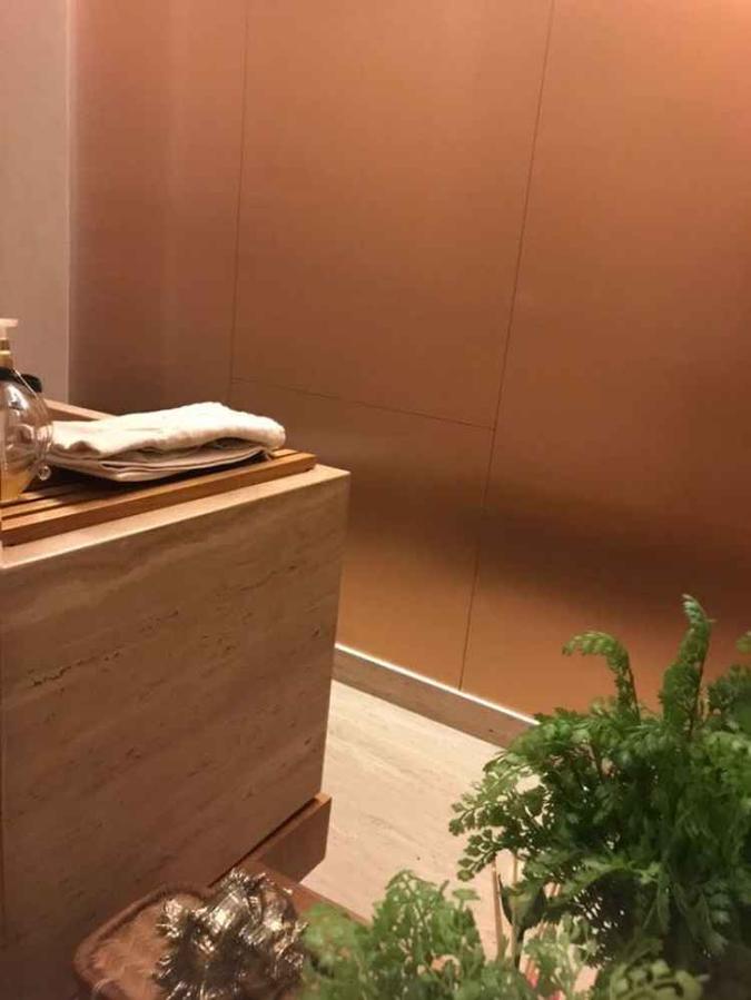A arquiteta Tatiana Estrela criou um lavabo conjugando a parede dourada com metais e com a pedra e a cuba da bancada. Para compor e dar leveza ao ambiente, também usou plantas. %u201CO dourado cai muito bem em quartos, salas, lavabos e até em fachadas%u201D, orienta.(foto: Mais Arquitetura/Divulgação) A arquiteta Tatiana Estrela criou um lavabo conjugando a parede dourada com metais e com a pedra e a cuba da bancada. Para compor e dar leveza ao ambiente, também usou plantas. %u201CO dourado cai muito bem em quartos, salas, lavabos e até em fachadas%u201D, orienta.(foto: Mais Arquitetura/Divulgação)