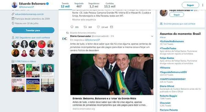 O deputado Eduardo Bolsonaro (PSL-SP) divulgou um link de um texto que chama o ministro de 'traidor' e 'funcionário incompetente'(foto: Reprodução/Twitter) O deputado Eduardo Bolsonaro (PSL-SP) divulgou um link de um texto que chama o ministro de 'traidor' e 'funcionário incompetente'(foto: Reprodução/Twitter)