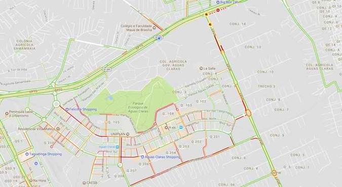 Imagem do aplicativo Google Maps mostra, em vermelho, ruas congestionadas de Águas Claras(foto: Reprodução/Google Maps) Imagem do aplicativo Google Maps mostra, em vermelho, ruas congestionadas de Águas Claras(foto: Reprodução/Google Maps)