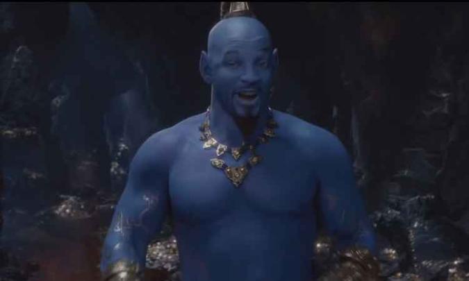 Diferente das primeiras imagens divulgadas, Will Smith aparece na forma azulada do Gênio(foto: Reprodução/YouTube) Diferente das primeiras imagens divulgadas, Will Smith aparece na forma azulada do Gênio(foto: Reprodução/YouTube)