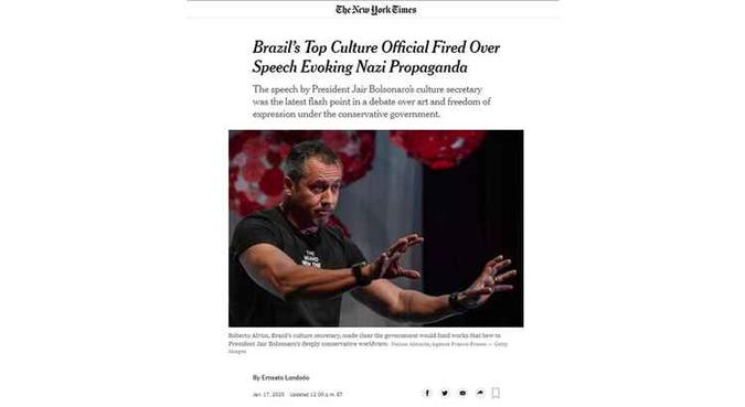 Reprodução da página do ''The New York Times'' com reportagem sobre Roberto Alvim (foto: Reprodução) Reprodução da página do ''The New York Times'' com reportagem sobre Roberto Alvim (foto: Reprodução)