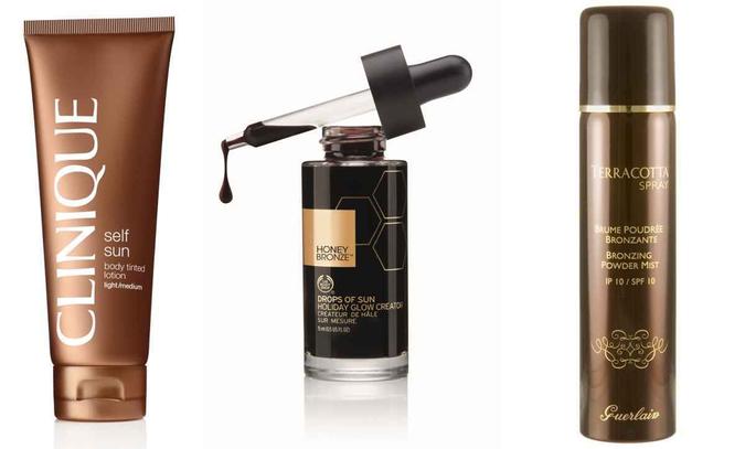 Self Sun Body Tinted, da Clinique (R$ 179); Fluido tonalizante Honey Bronze 15ml, da The Body Shop (R$ 89,50); Terracotta Spray Brume Poudrée Bronzante fator de proteção solar 10, da Guerlain (R$ 300)(foto: Divulgação) Self Sun Body Tinted, da Clinique (R$ 179); Fluido tonalizante Honey Bronze 15ml, da The Body Shop (R$ 89,50); Terracotta Spray Brume Poudrée Bronzante fator de proteção solar 10, da Guerlain (R$ 300)(foto: Divulgação)