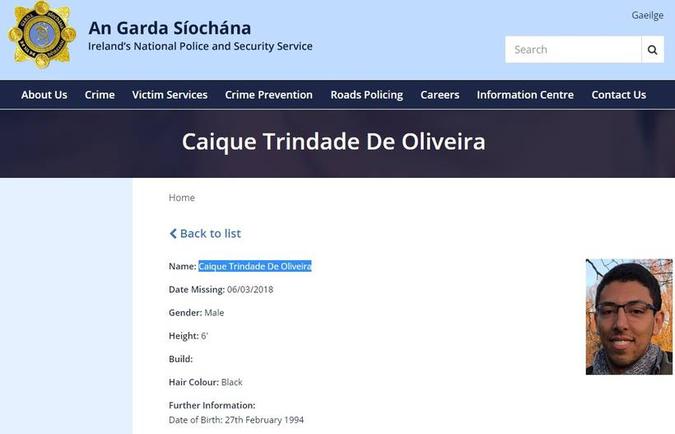 A guarda irlandesa está ajudando a procurar o jovem brasileiro(foto: Reprodução Internet) A guarda irlandesa está ajudando a procurar o jovem brasileiro(foto: Reprodução Internet)