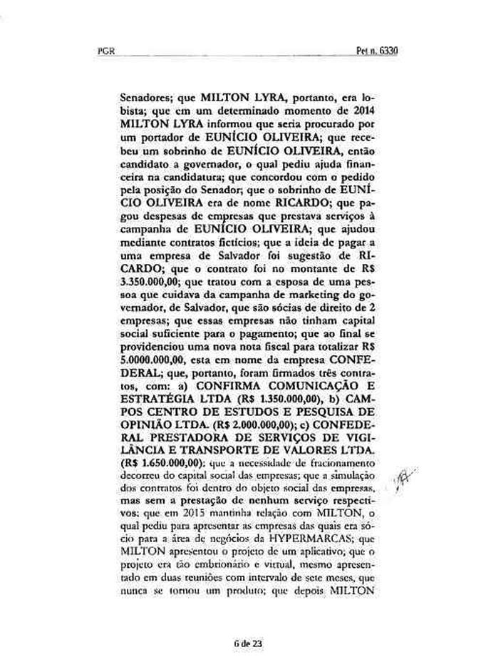 Trecho de inquérito sobre propina: Nelson José de Mello, acusou o senador Eunício Oliveira (PMDB) de receber Trecho de inquérito sobre propina: Nelson José de Mello, acusou o senador Eunício Oliveira (PMDB) de receber