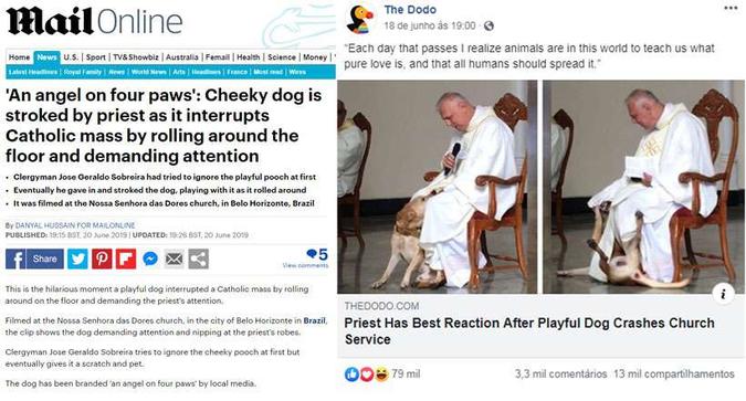 A notícia do padre acolhendo o cãozinho foi parar no Daily Mail e no The Dodo (foto: Reprodução da internet Daily Mail / Reprodução Facebook) A notícia do padre acolhendo o cãozinho foi parar no Daily Mail e no The Dodo (foto: Reprodução da internet Daily Mail / Reprodução Facebook)